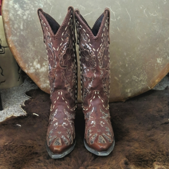 LANE "Poison" floral Chestnut brown & metallic snakeskin underlay cowgirl boots - Picture 10 of 16